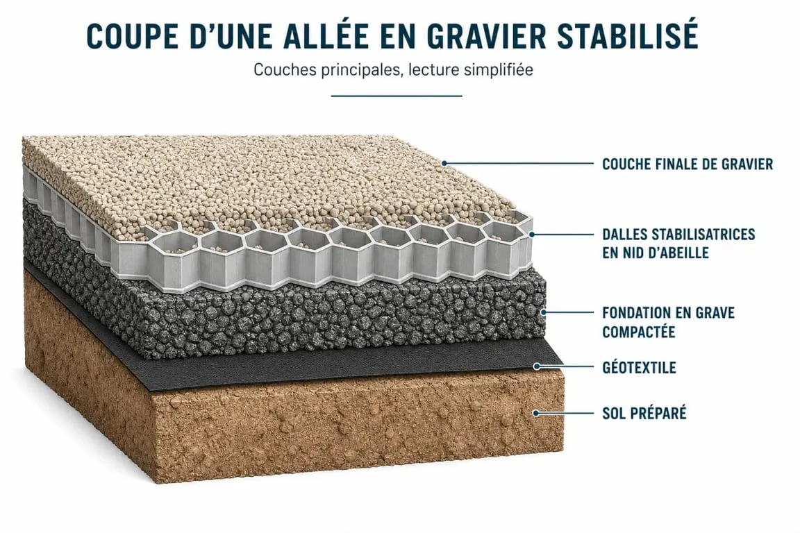 Schéma d’une allée en gravier montrant les couches de préparation et de stabilisation