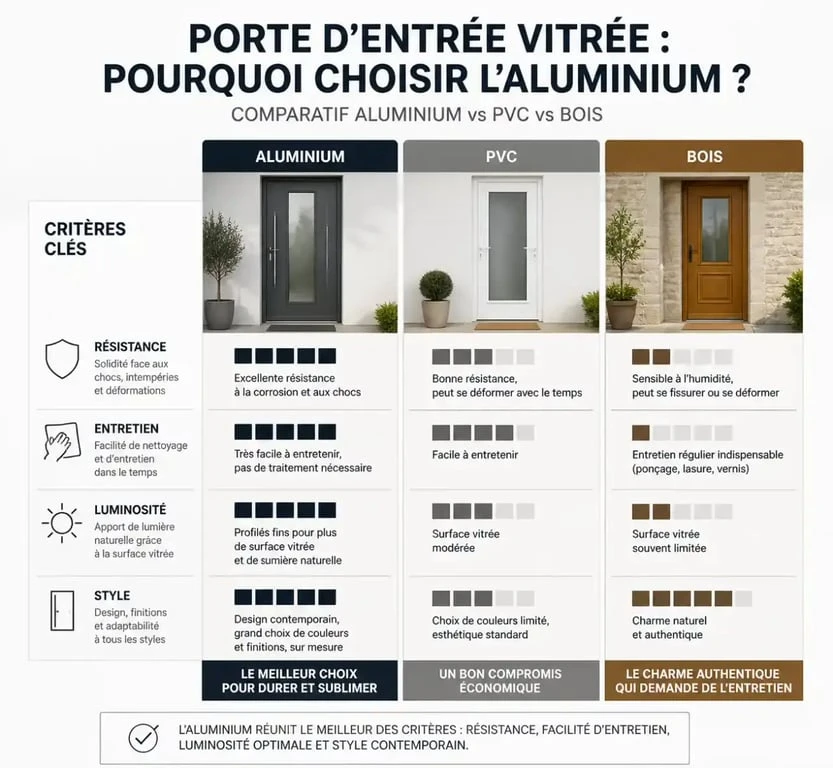 Infographie comparative des avantages d'une porte d'entrée alu vitrée par rapport au PVC et au bois