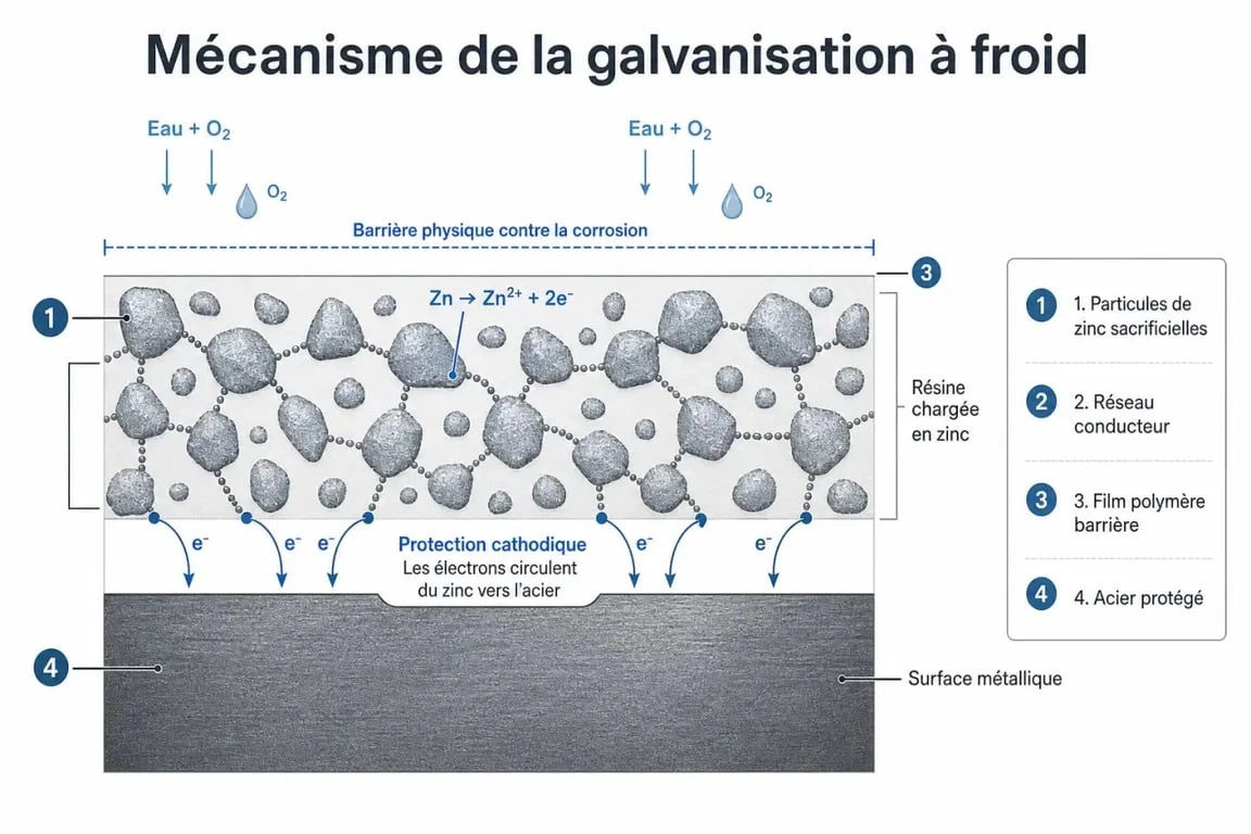 Schéma explicatif du fonctionnement de la galvanisation à froid sur une surface métallique
