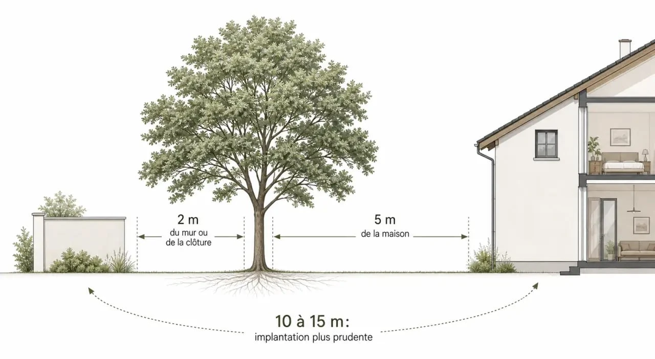Paulownia distance maison : schéma visuel des distances recommandées entre un paulownia, une maison, un mur et la limite de propriété