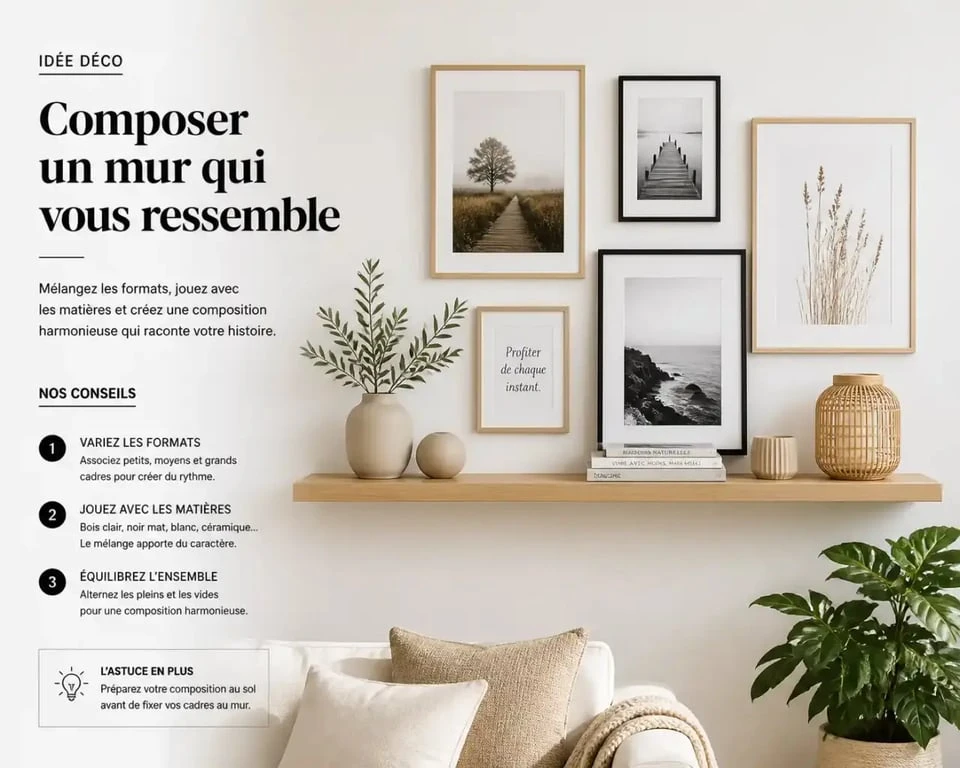 Idée pour décorer un mur blanc avec des cadres et des étagères