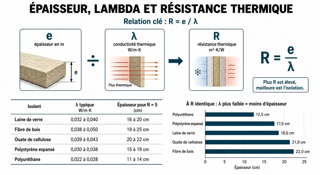 Infographie sur la performance de l'isolation thermique en rouleau : épaisseur, lambda et résistance thermique R