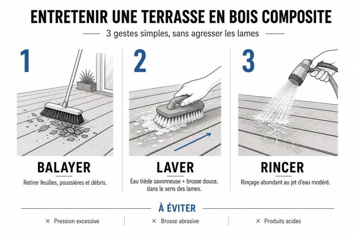 Comment nettoyer terrasse en composite : balayage, brossage doux dans le sens des lames et rinçage abondant