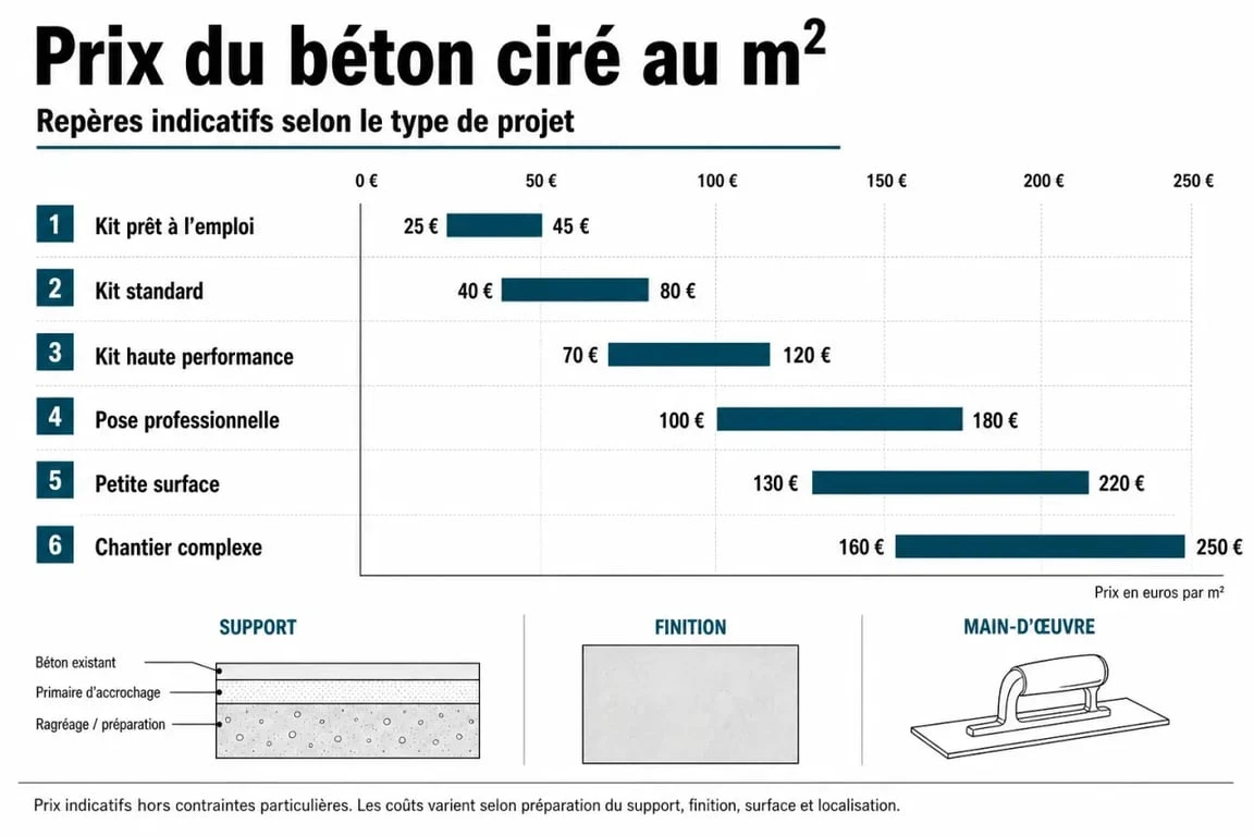 Infographie comparative du prix du béton ciré au m2 selon kit, pose professionnelle et état du support