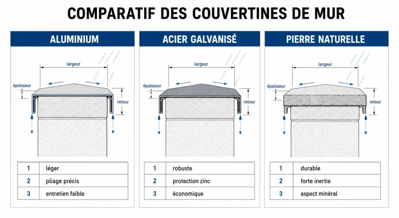 Couvertine mur : comparaison visuelle des matériaux et des dimensions pour protéger un mur ou un muret