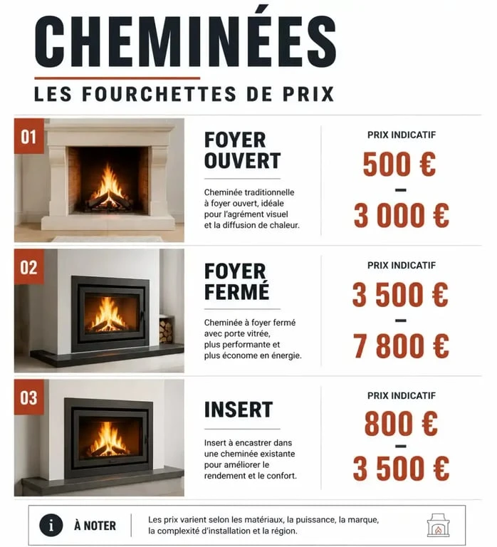 Comparatif des prix d'installation pour un devis cheminée : foyer ouvert, foyer fermé et insert.