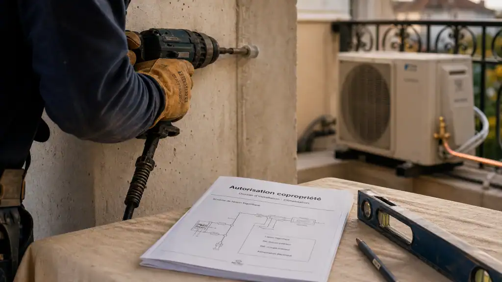 Installation climatisation appartement : technicien et autorisation copropriété sur chantier