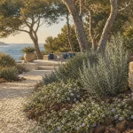 Jardin méditerranéen sans entretien avec paillage minéral, romarin et thym.