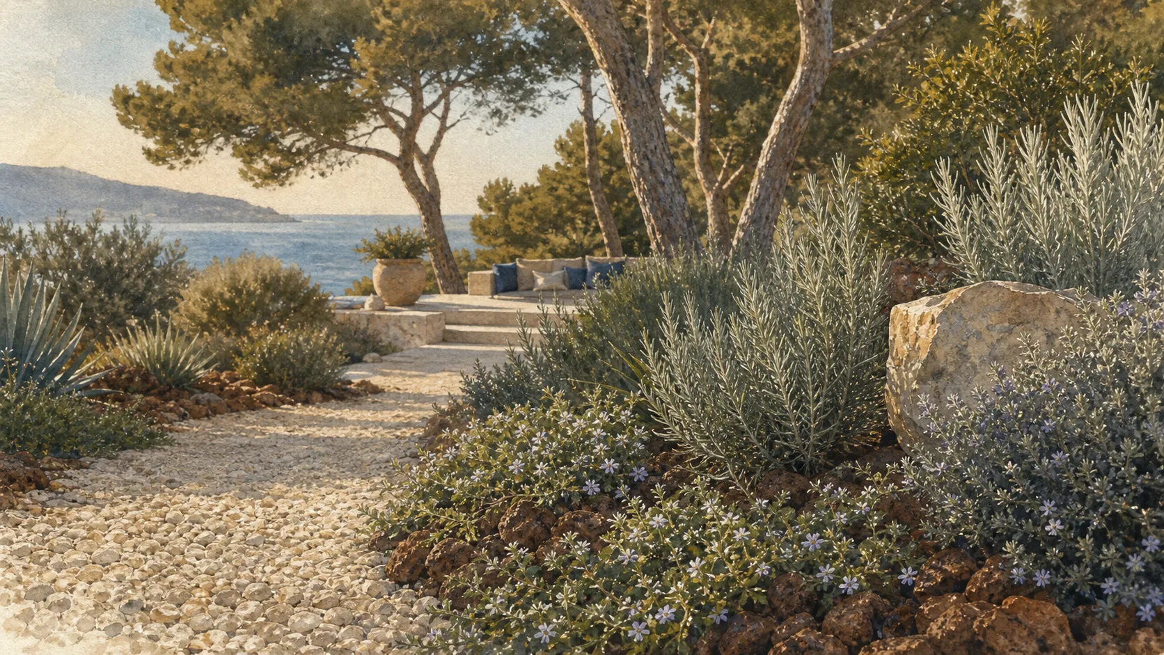 Jardin méditerranéen sans entretien avec paillage minéral, romarin et thym.