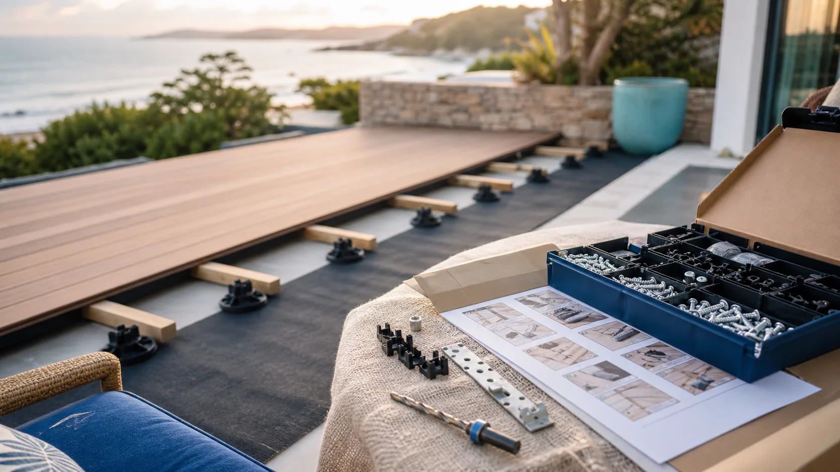 Kit terrasse avec lambourdes et plots PVC visibles, visserie inox A2.