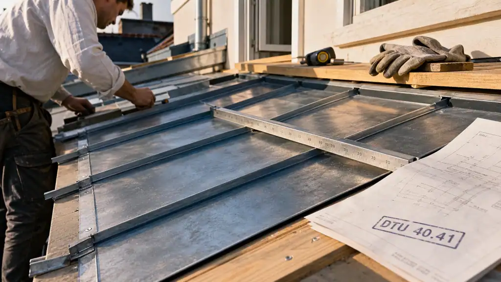 Pente toiture zinc avec joint debout sur faible pente, chantier couvreur