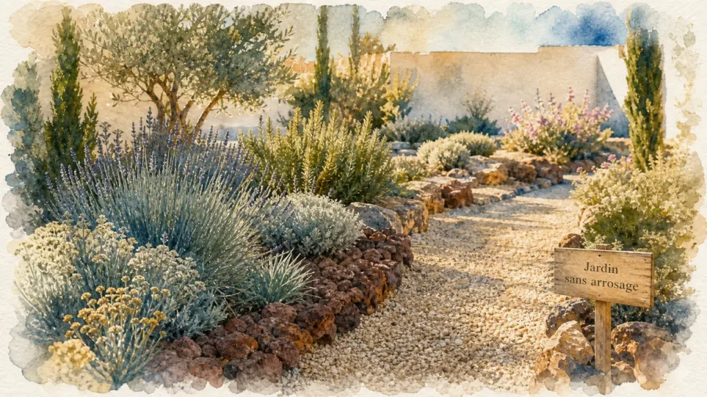 Plantes méditerranéennes sans arrosage en jardin sec au soleil, lavande et romarin