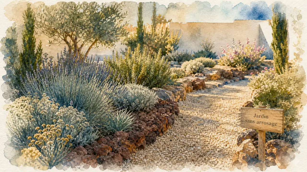 Plantes méditerranéennes sans arrosage en jardin sec au soleil, lavande et romarin