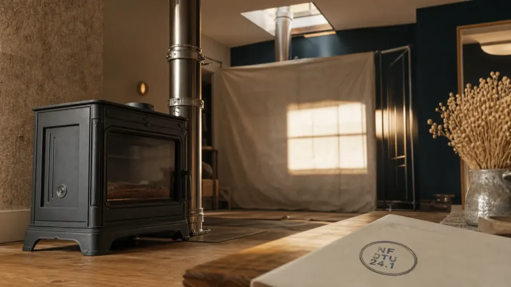 Poele a bois tubage : insert fonte et conduit inox à travers le plafond