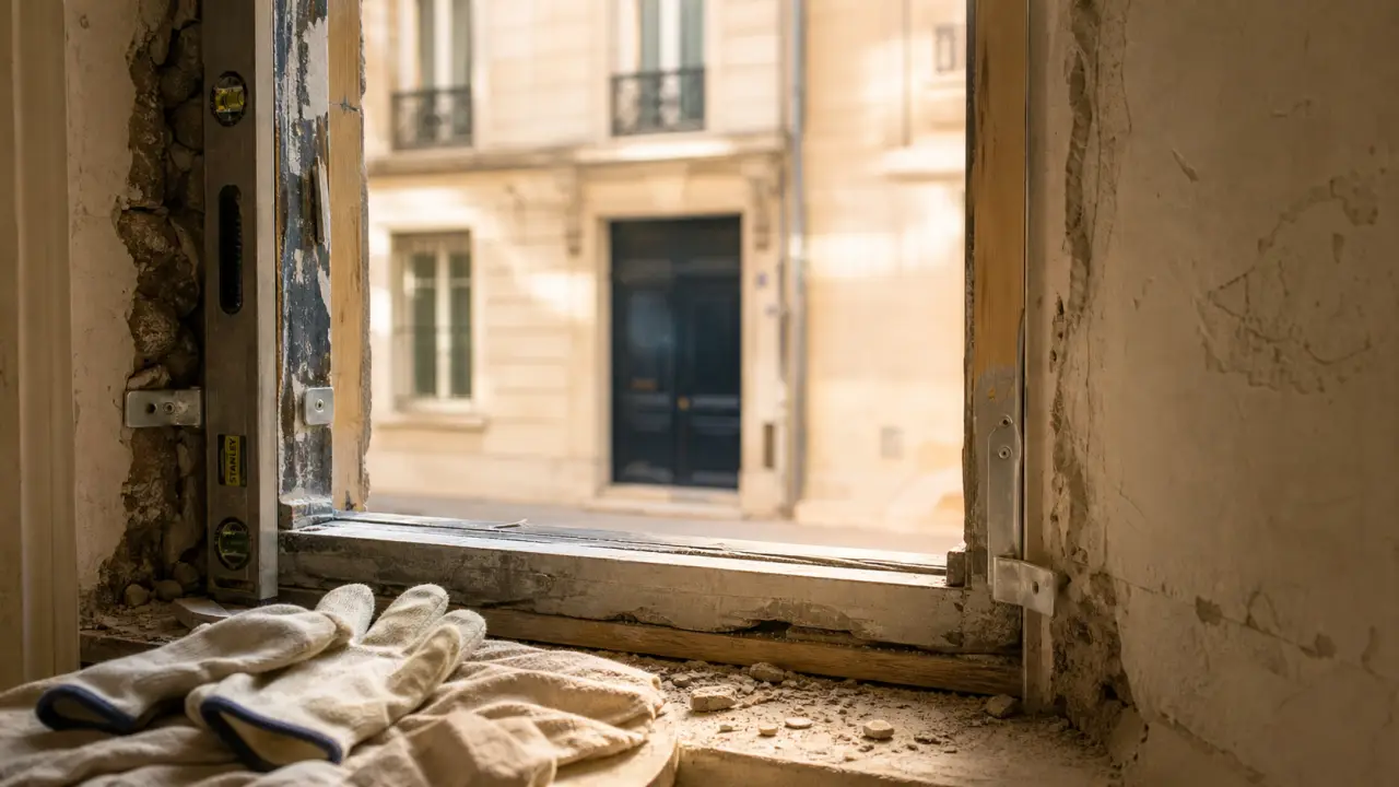 Porte d'entrée rénovation : dépose totale et dormant existant en chantier
