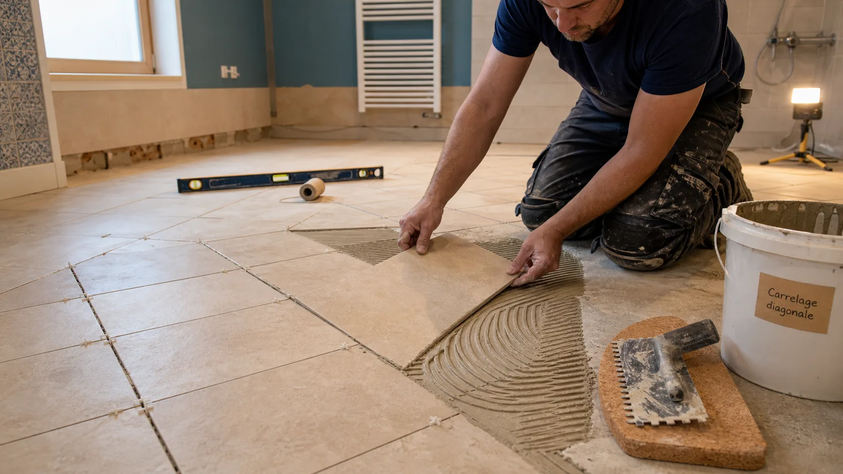Pose carrelage diagonale 45° : calepinage et coupes nettes en salle de bain
