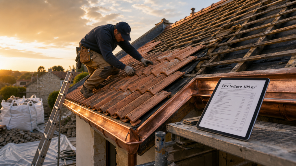 Prix d une toiture 100m2 : couvreur pose des tuiles sur toit