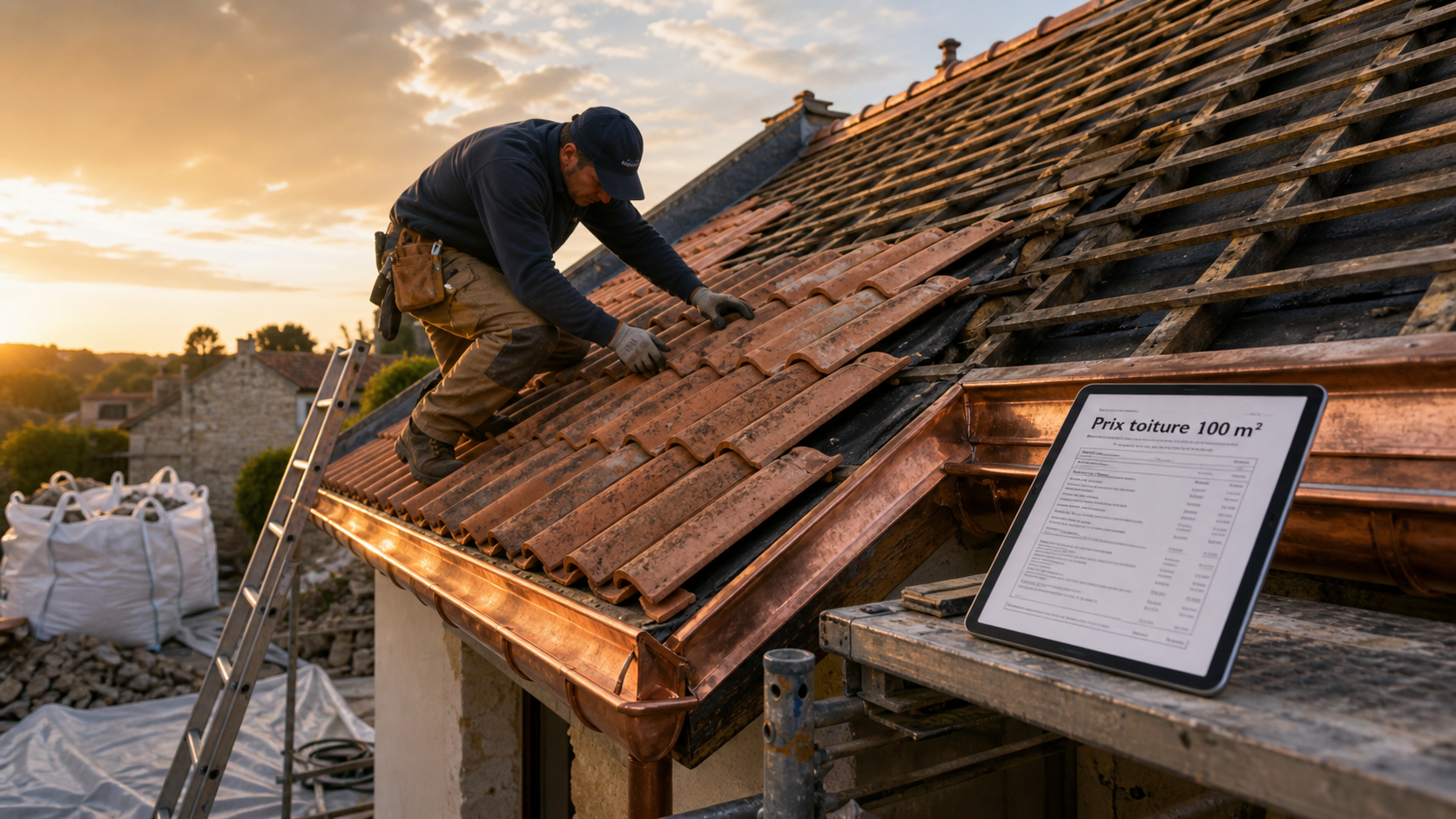 Prix d une toiture 100m2 : couvreur pose des tuiles sur toit