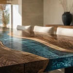 Table en resine bois rivière : couleur bleue, piètement, design haut de gamme
