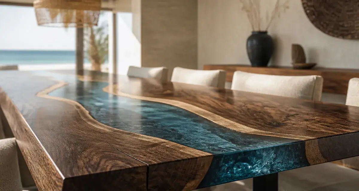 Table en resine bois rivière : couleur bleue, piètement, design haut de gamme