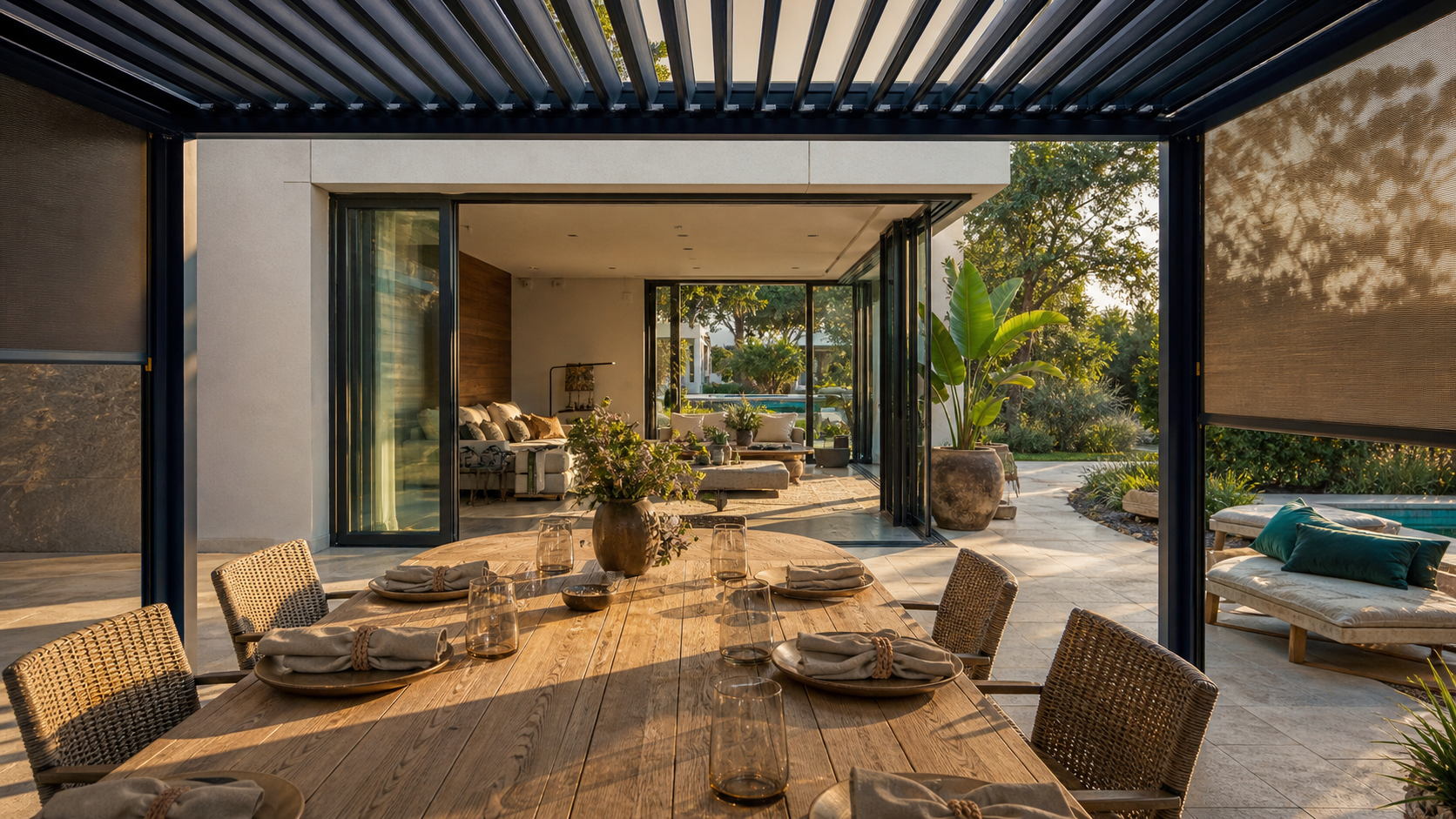 Terrasse couverte maison avec pergola légère aluminium bleu marine et stores latéraux