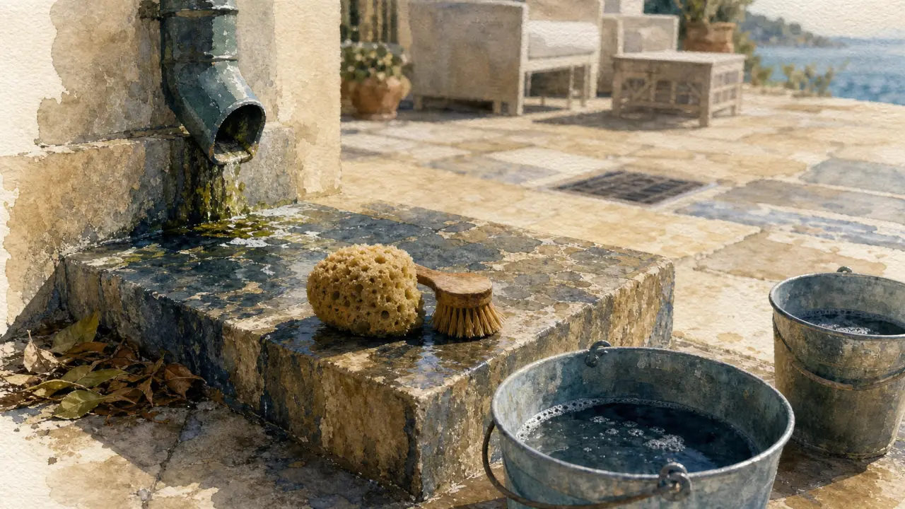 Terrasse nettoyage : savon noir dilué et bicarbonate sur pierre, sans abîmer le revêtement
