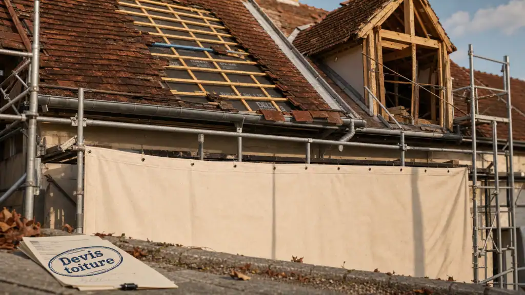 Toiture à refaire : tuile déposée et échafaudage de chantier