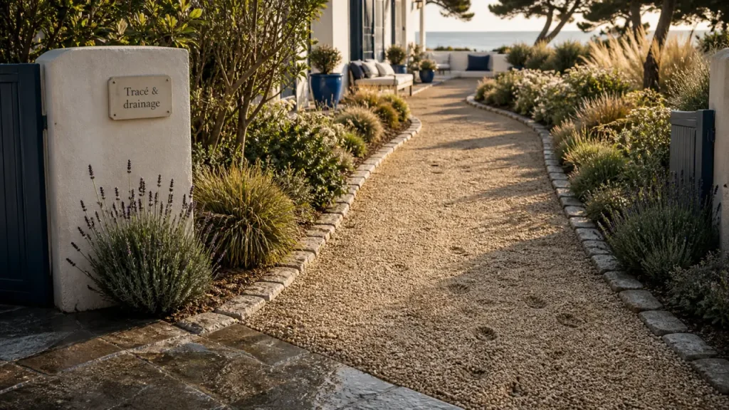 Allée de jardin : largeur, tracé, revêtement et drainage pour éviter flaques et ornières