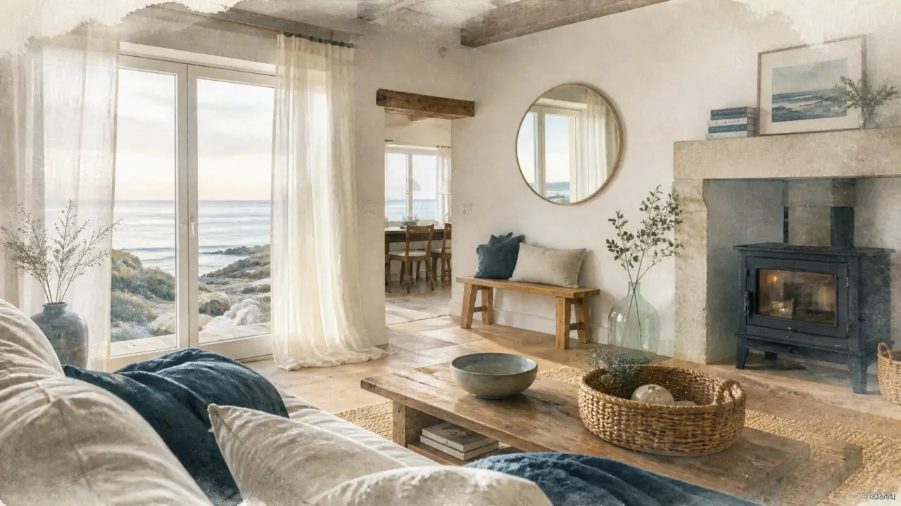 Décoration maison Bretagne : salon lumineux bleu marine, bois patiné et couleurs minérales