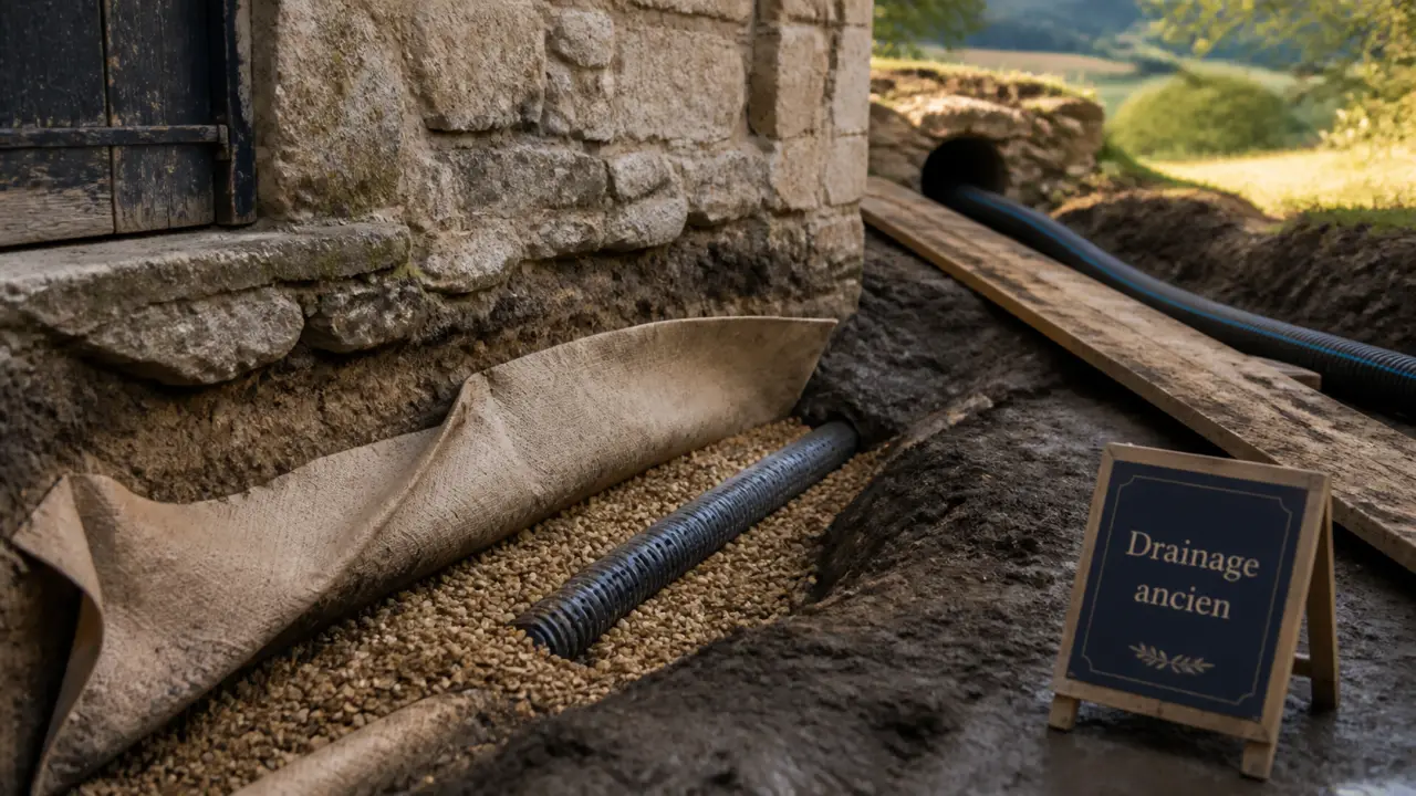 Drainage maison ancienne : drain au pied de mur près des fondations