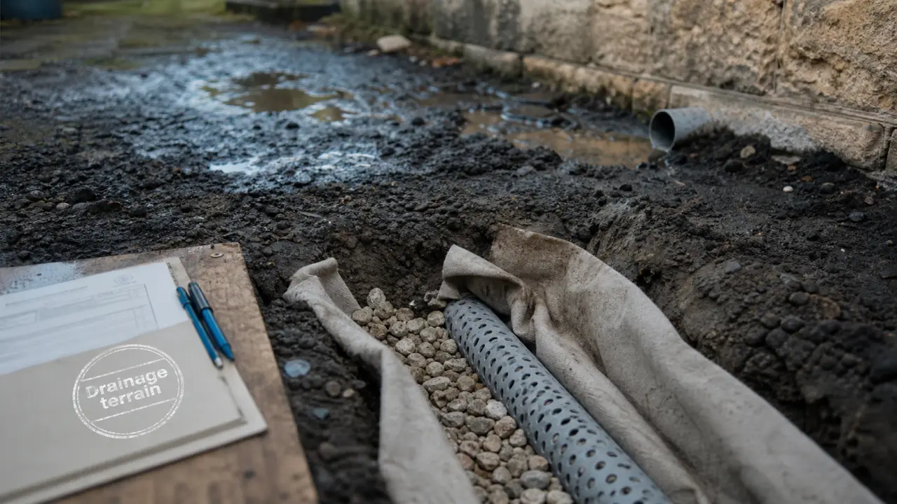 Drainage terrain : sol boueux, drain bouché et tuyau perforé