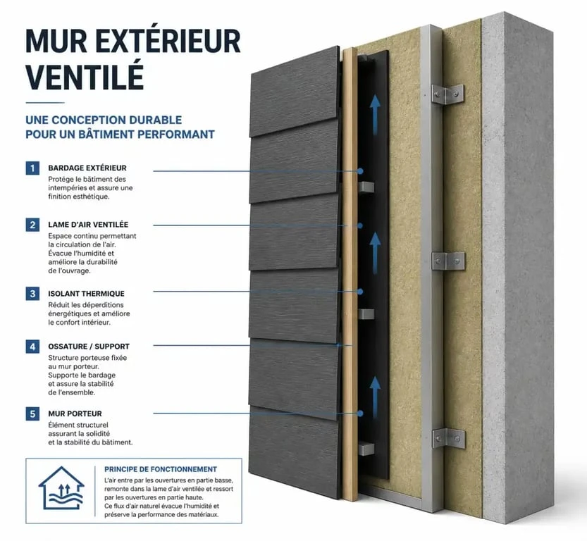 Schéma technique de pose d'un revêtement extérieur mur avec lame d'air et ossature.