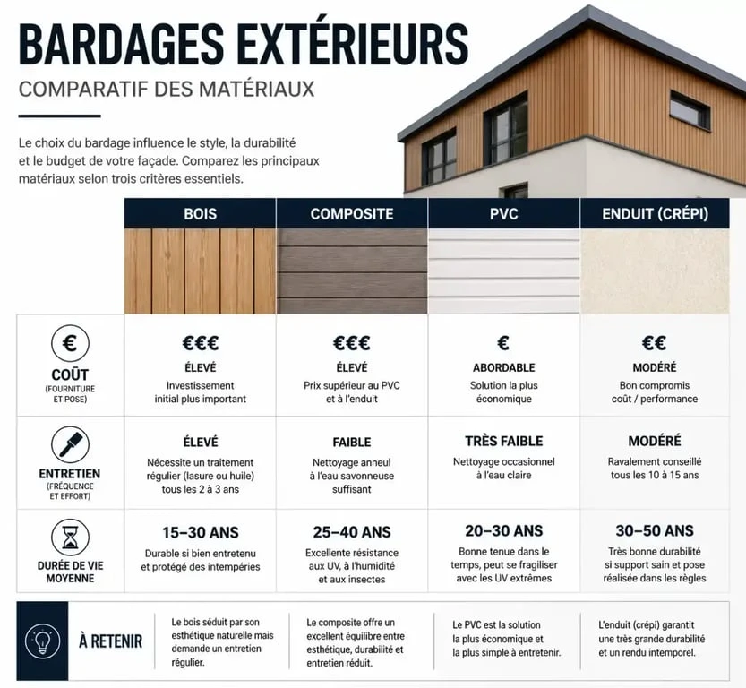 Comparatif des matériaux de revêtement extérieur mur : bois, composite, PVC et enduit.