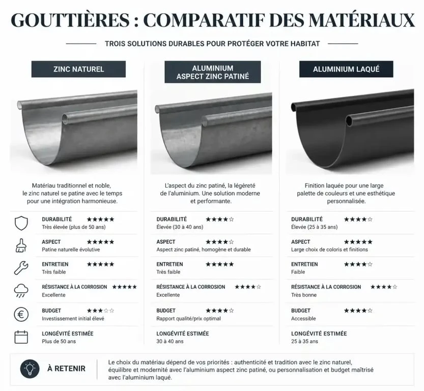Comparatif visuel entre gouttière zinc naturel et gouttière alu zinc pour choisir son installation