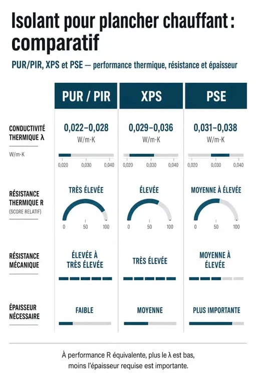 Comparatif isolant pour plancher chauffant PUR/PIR, XPS et PSE avec épaisseur et résistance thermique