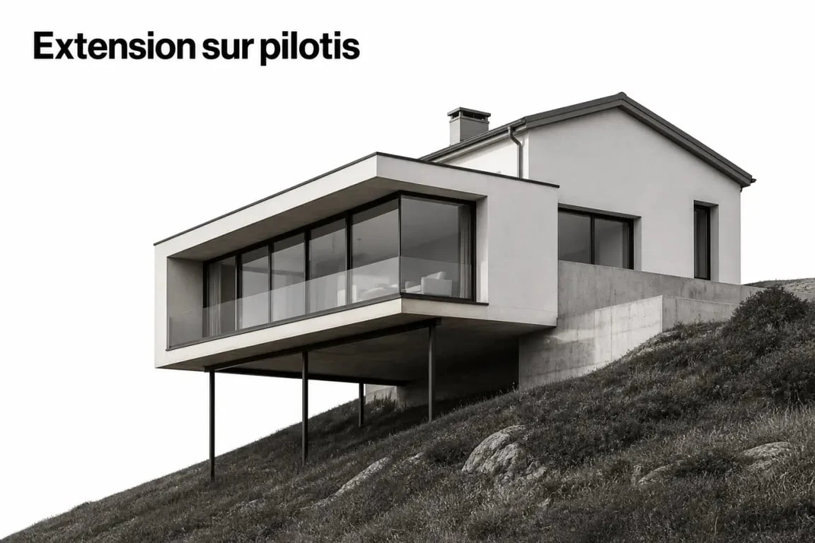 Extension maison sur pilotis sur un terrain en pente, avec la structure surélevée laissant le sol libre sous la maison