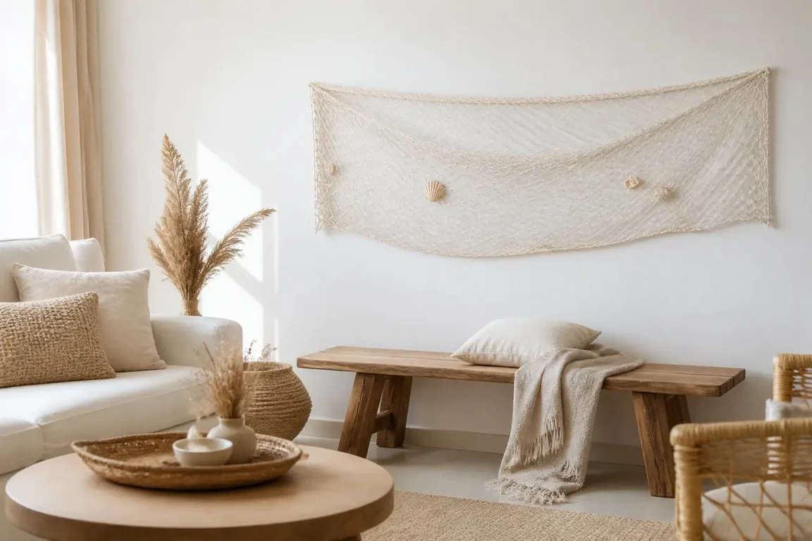 Filet peche deco en coton écru dans un salon bord de mer