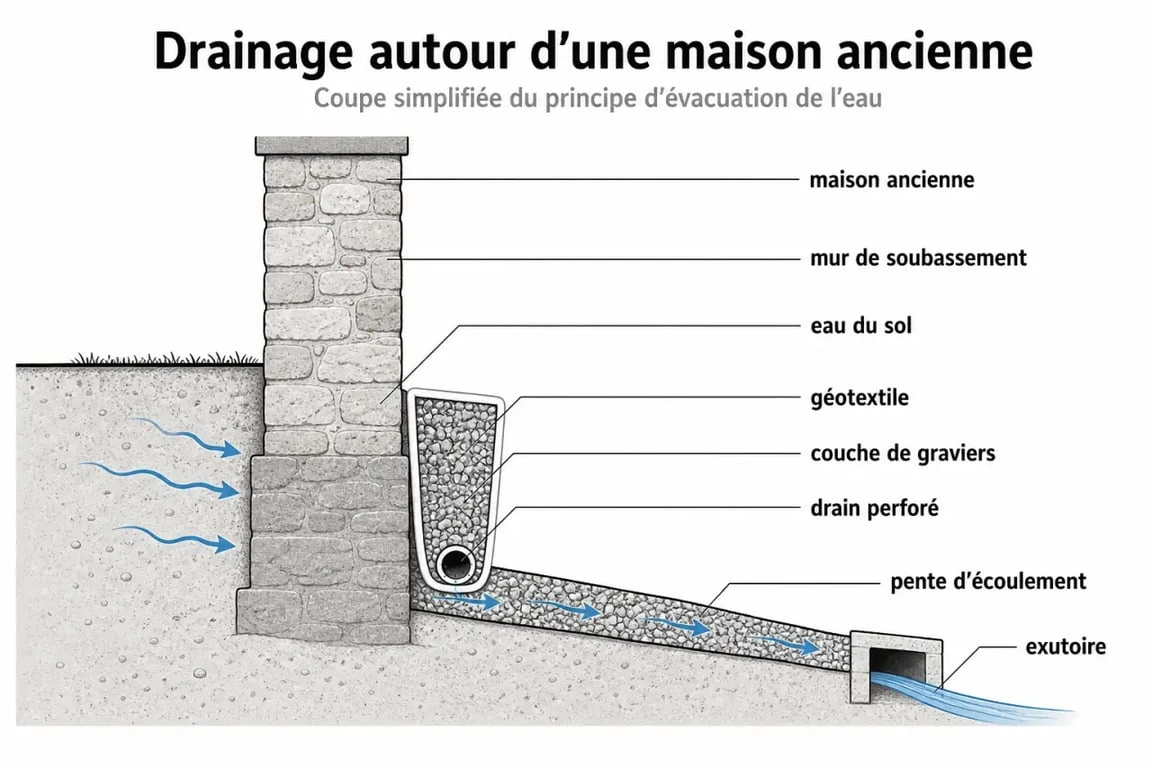 Schéma du drainage maison ancienne autour des fondations en coupe simplifiée