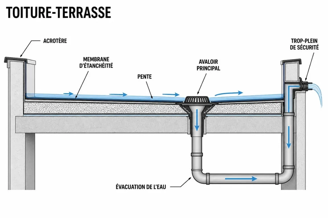 Schéma des trop pleins toiture terrasse dans l’acrotère, montrant l’évacuation de secours et le cheminement de l’eau