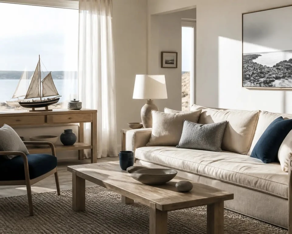 Décoration maison Bretagne dans un salon lumineux avec lin, bois clair et touches bleu profond