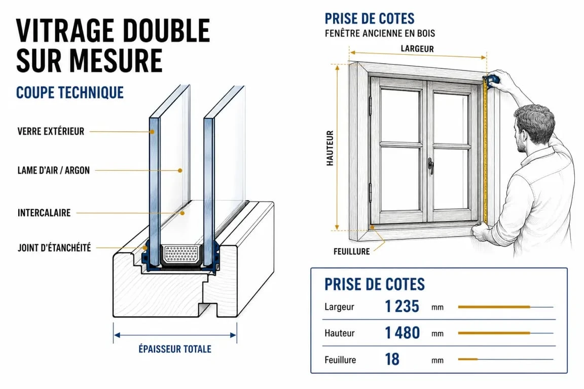 Vitrage double sur mesure : prise de mesures de largeur, hauteur et feuillure avant commande