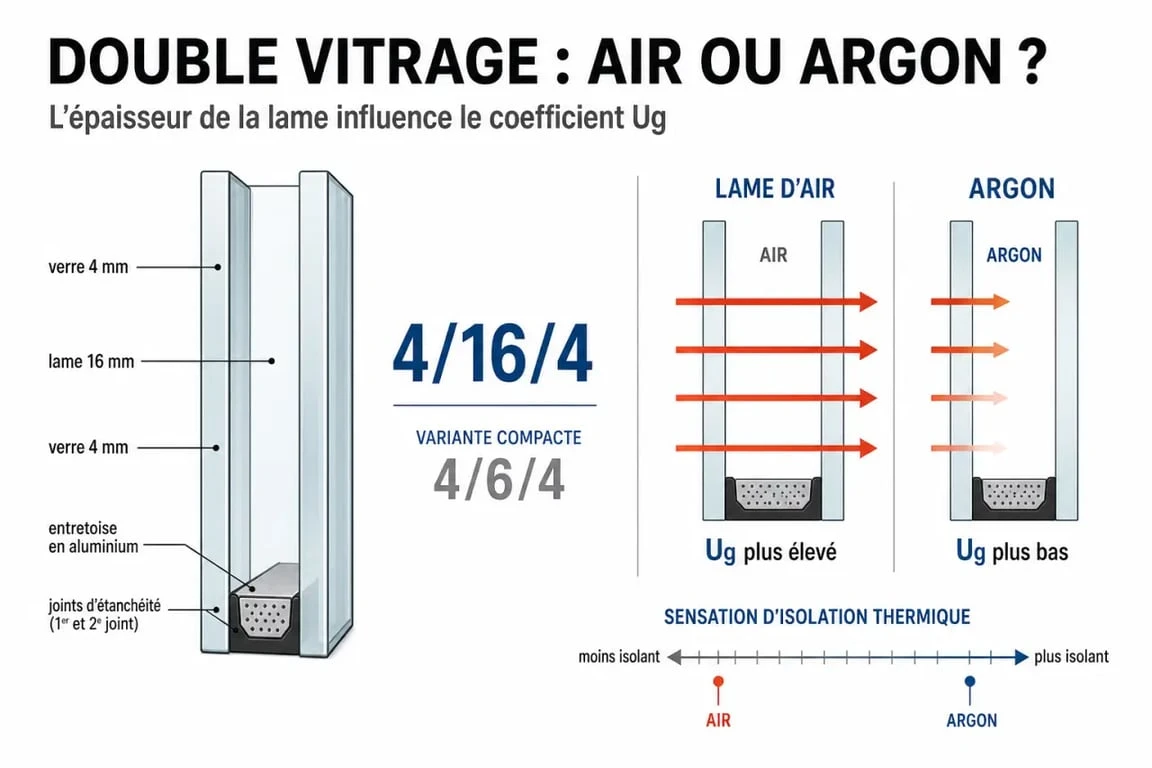 Vitrage double sur mesure : comparaison des compositions air et argon, 4/6/4 et 4/16/4, avec repères sur l’isolation thermique