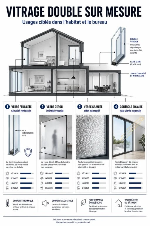 Vitrage double sur mesure : usages du verre feuilleté, dépoli, granité et contrôle solaire selon la pièce
