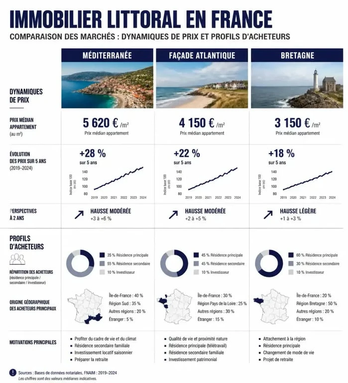Infographie comparative des prix et dynamiques du marché pour un appartement bord de mer en France