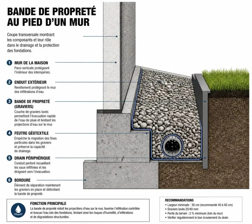 Schéma technique d'une bande de propreté au pied d'un mur