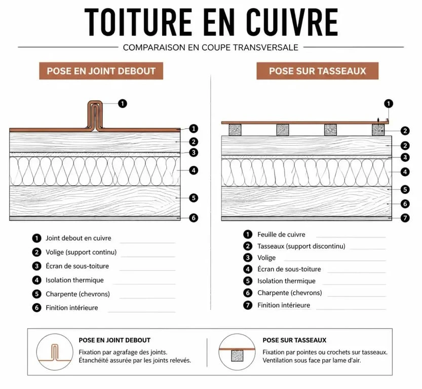 Comparaison des techniques de pose pour toiture cuivre : joint debout et tasseaux