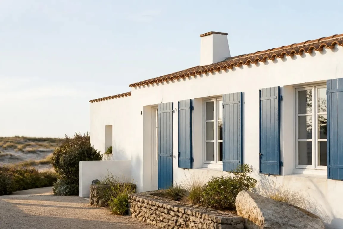 Maison traditionnelle vendéenne sur le littoral avec façade blanche, volets bleus et toit en tuiles rouges