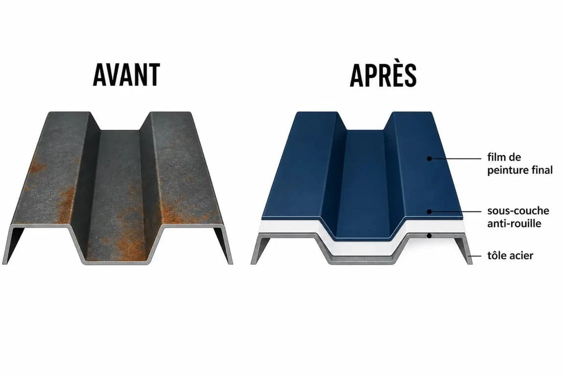 Peinture bac acier : schéma des couches de protection sur tôle acier