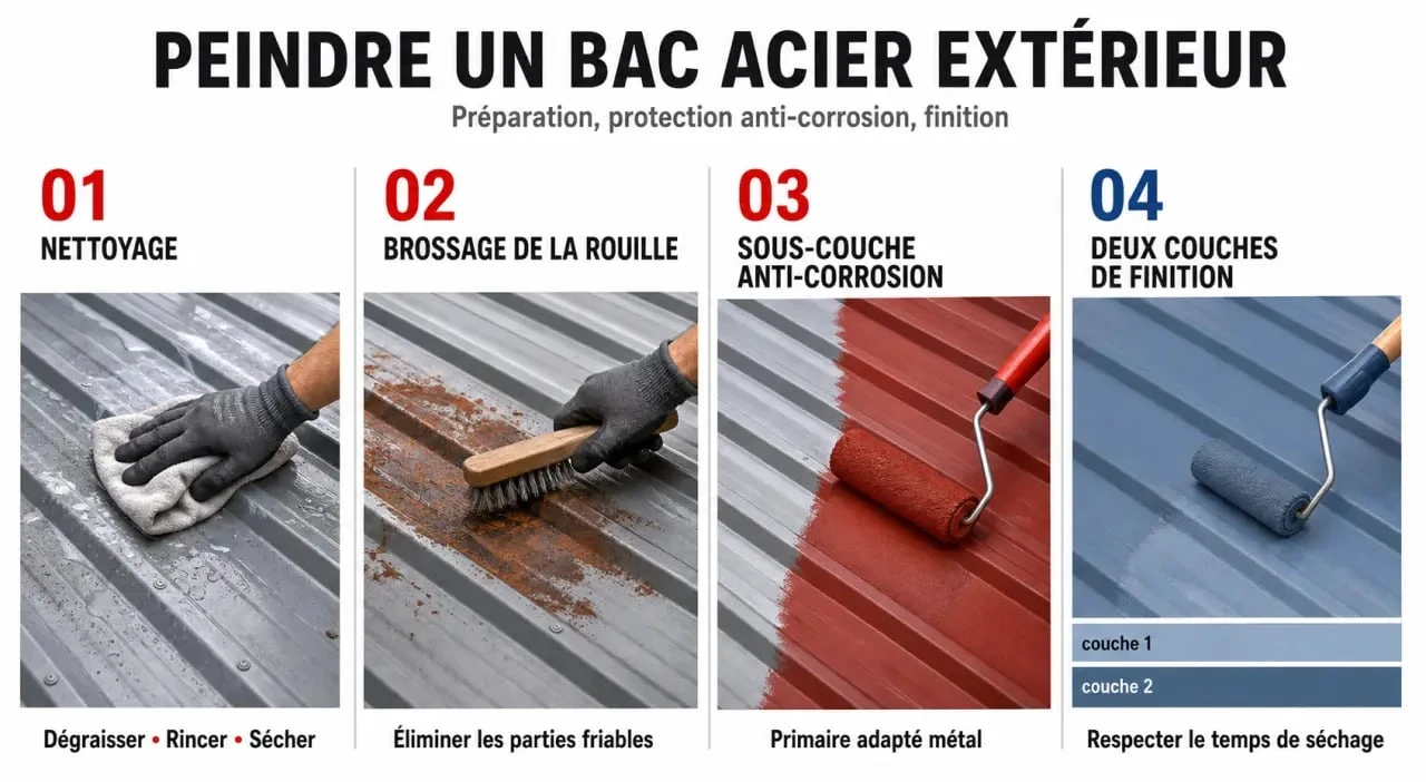 Peinture bac acier : préparation, sous-couche et couches de finition en 4 étapes