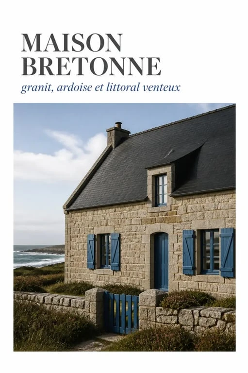 Maison typique bretonne en granit avec toiture en ardoise et volets bleus
